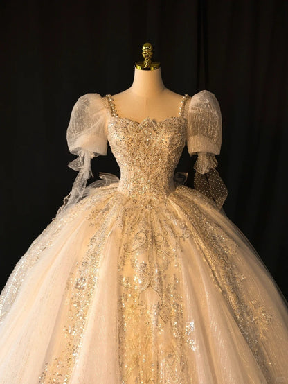 Fairy-tale Ball Gown Square Neck With Half Sleeves Pearls Sequined Long Brides Gown Bridal Dress Wedding Dresses Style RB6628