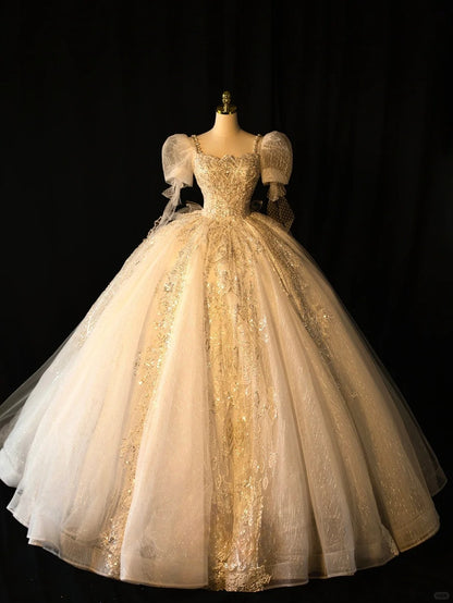 Fairy-tale Ball Gown Square Neck With Half Sleeves Pearls Sequined Long Brides Gown Bridal Dress Wedding Dresses Style RB6628