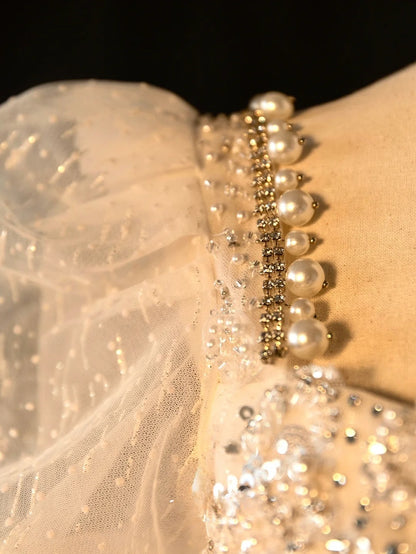 Fairy-tale Ball Gown Square Neck With Half Sleeves Pearls Sequined Long Brides Gown Bridal Dress Wedding Dresses Style RB6628