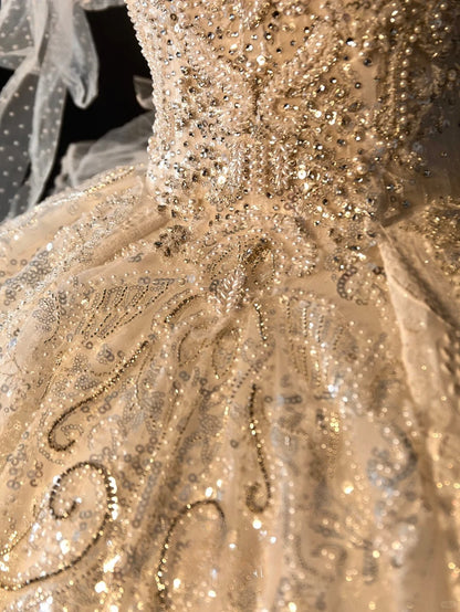 Fairy-tale Ball Gown Square Neck With Half Sleeves Pearls Sequined Long Brides Gown Bridal Dress Wedding Dresses Style RB6628