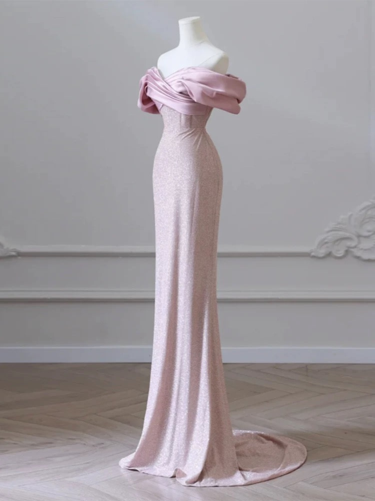 Modest Mermaid Off The Shoulder Pink Sequin Long Prom Dresses With Sleeves Party Dress 18th Birthday Outfits Graduation Dress AU199