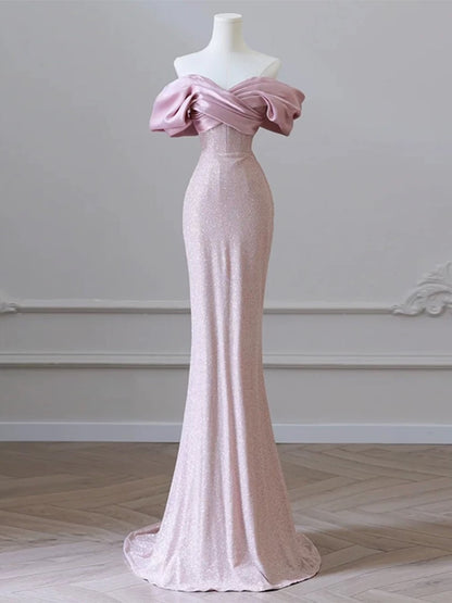 Modest Mermaid Off The Shoulder Pink Sequin Long Prom Dresses With Sleeves Party Dress 18th Birthday Outfits Graduation Dress AU199