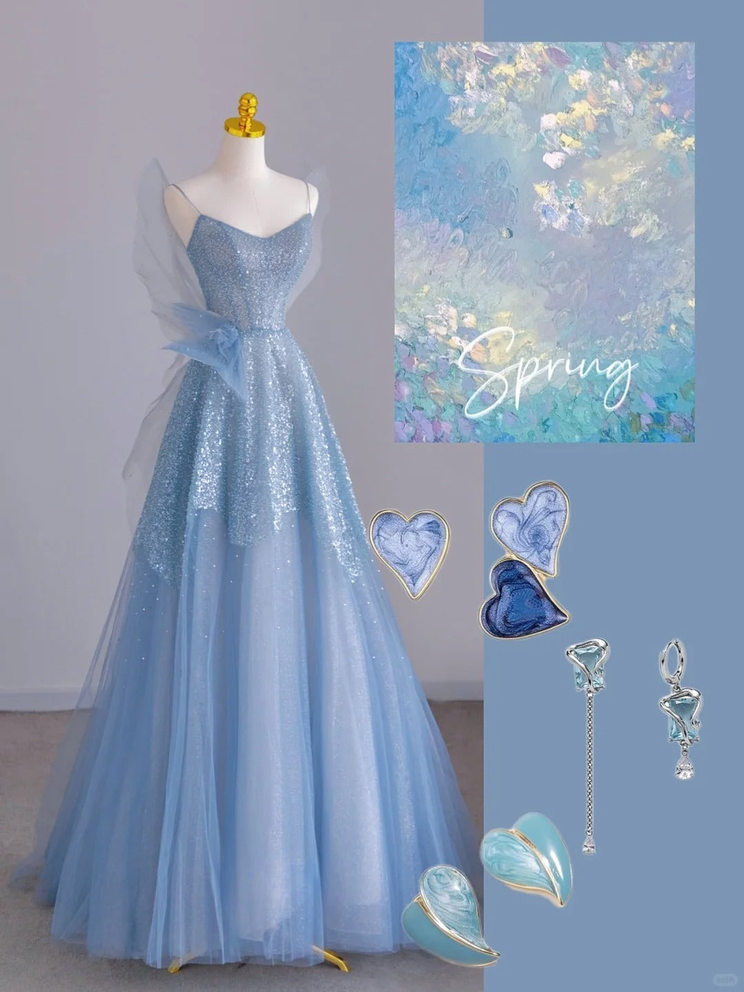 Sparkly A Line Spaghetti Strap Blue With Sequin Tulle Prom Dresses Long Evening Party Formal Outfits RB6629