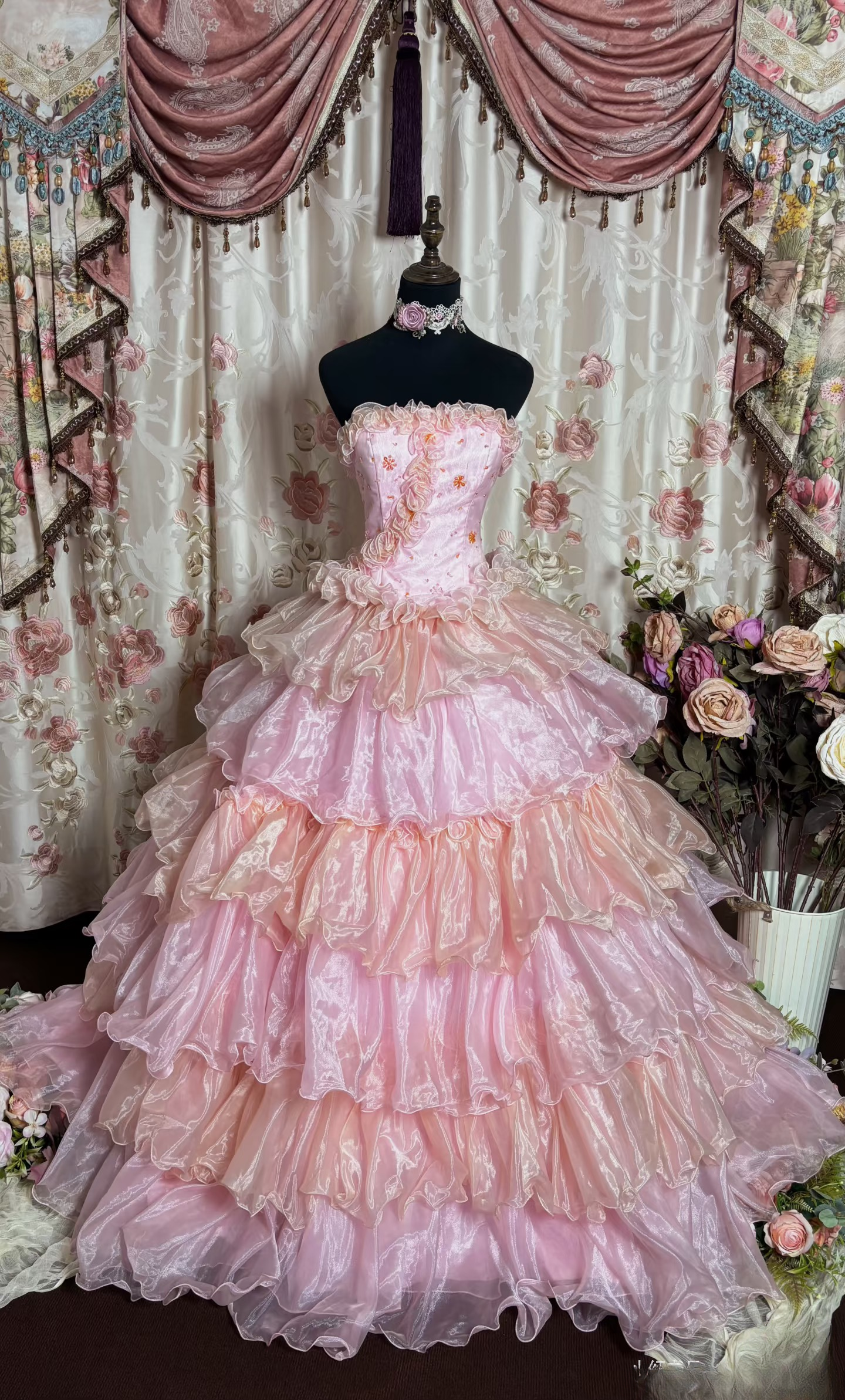 Charming Ball Gown Strapless Multi Pink Tulle Beaded Long Quinceanera Dress Sweet 15 16 Dresses AU199