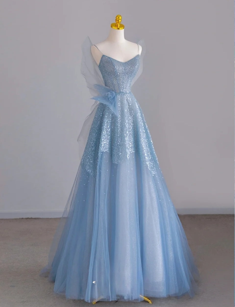 Sparkly A Line Spaghetti Strap Blue With Sequin Tulle Prom Dresses Long Evening Party Formal Outfits RB6629
