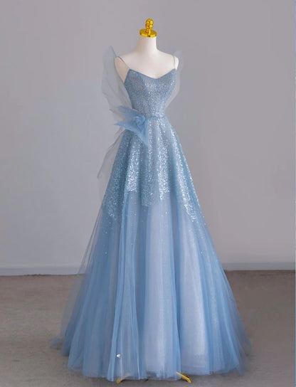 Sparkly A Line Spaghetti Strap Blue With Sequin Tulle Prom Dresses Long Evening Party Formal Outfits RB6629