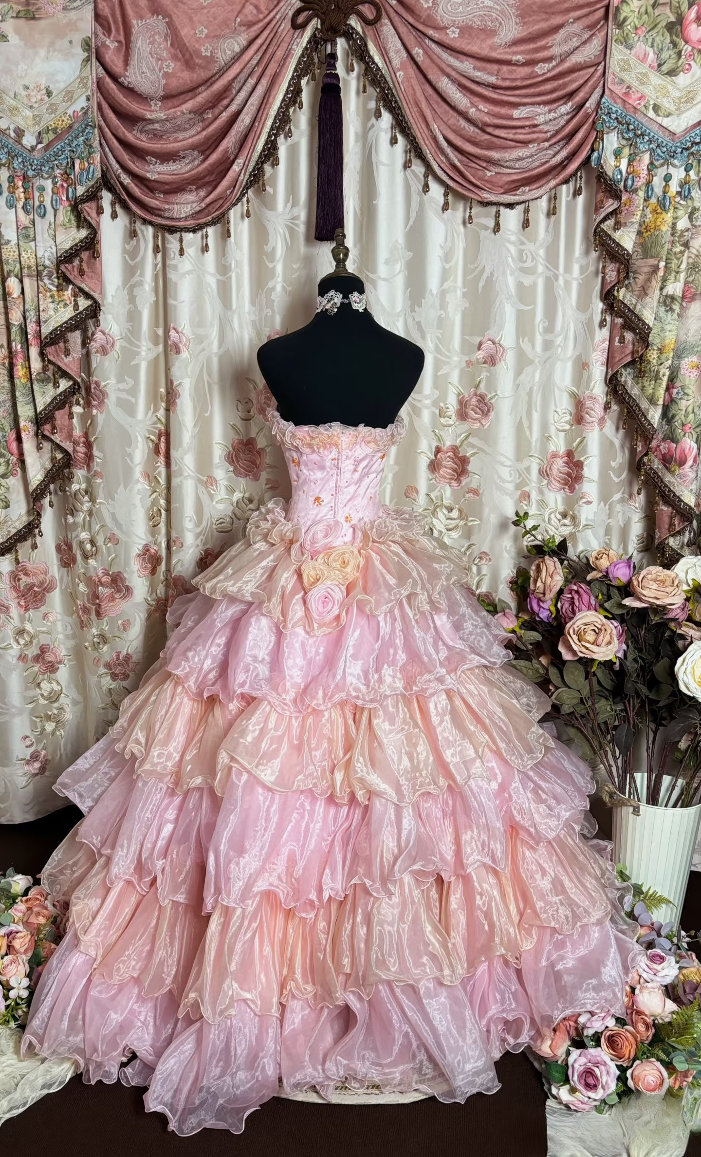 Charming Ball Gown Strapless Multi Pink Tulle Beaded Long Quinceanera Dress Sweet 15 16 Dresses AU199
