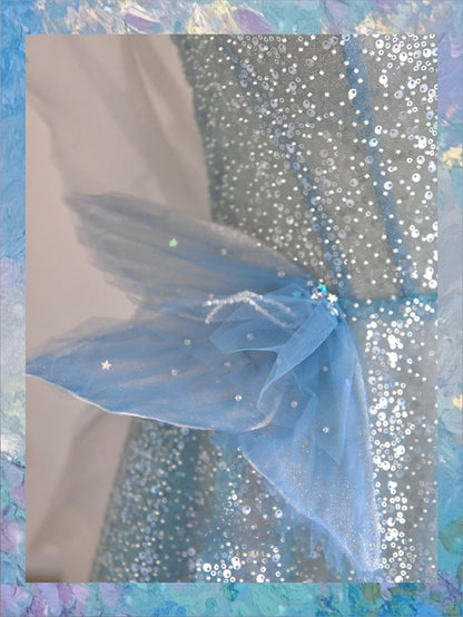 Sparkly A Line Spaghetti Strap Blue With Sequin Tulle Prom Dresses Long Evening Party Formal Outfits RB6629