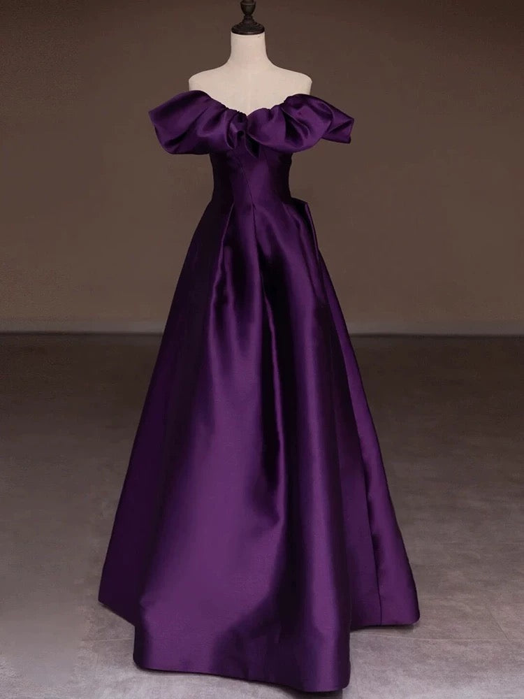 Modest Ball Gown Off The Shoulder Grape Satin Long Prom Dresses With Sleeves Party Dress 18th Birthday Outfits Graduation Dress AU200
