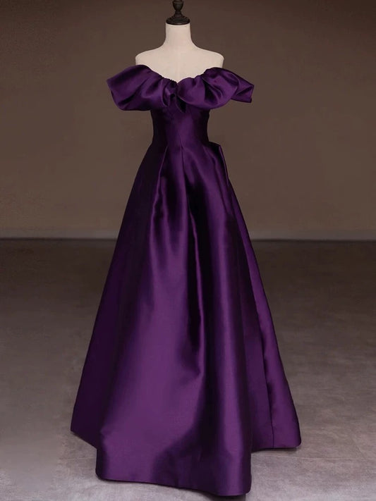 Modest Ball Gown Off The Shoulder Grape Satin Long Prom Dresses With Sleeves Party Dress 18th Birthday Outfits Graduation Dress AU200