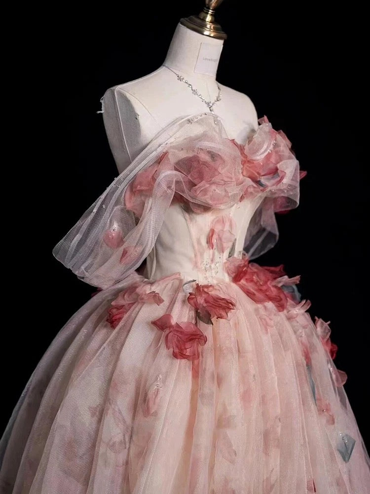 Modest Ball Gown Off The Shoulder Pink Tulle Long Prom Dresses With Sleeves Party Dress 18th Birthday Outfits Graduation Dress AU201