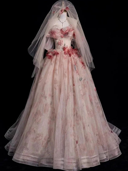Modest Ball Gown Off The Shoulder Pink Tulle Long Prom Dresses With Sleeves Party Dress 18th Birthday Outfits Graduation Dress AU201