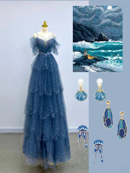 Sparkly A Line Spaghetti Strap Dusty Blue With Beading Tulle Prom Dresses Long Evening Party Formal Outfits RB6630