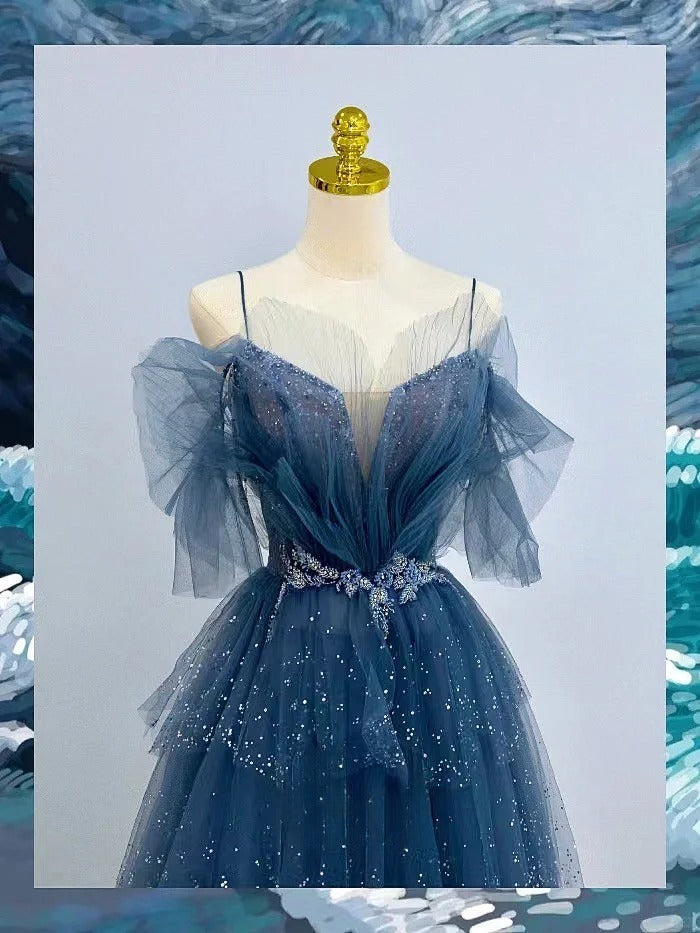 Sparkly A Line Spaghetti Strap Dusty Blue With Beading Tulle Prom Dresses Long Evening Party Formal Outfits RB6630