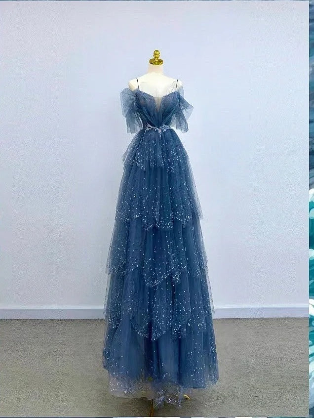 Sparkly A Line Spaghetti Strap Dusty Blue With Beading Tulle Prom Dresses Long Evening Party Formal Outfits RB6630