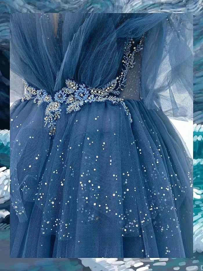 Sparkly A Line Spaghetti Strap Dusty Blue With Beading Tulle Prom Dresses Long Evening Party Formal Outfits RB6630