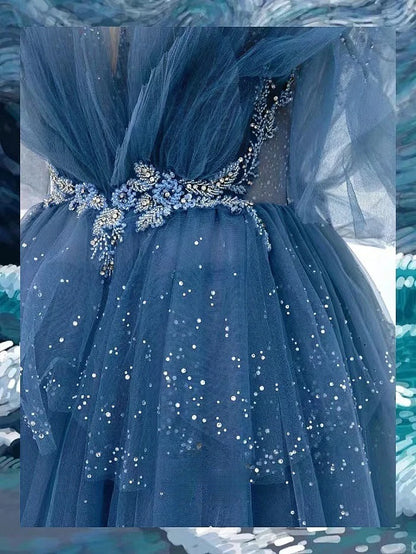 Sparkly A Line Spaghetti Strap Dusty Blue With Beading Tulle Prom Dresses Long Evening Party Formal Outfits RB6630