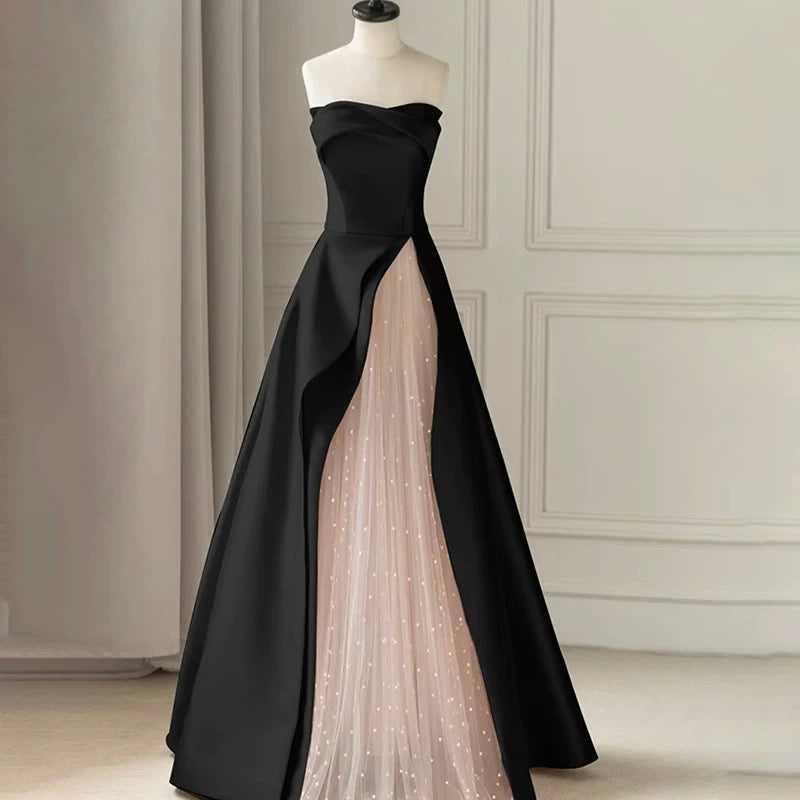 Sexy Ball Gown Strapless Black Satin Prom Dress Inspiration Long Party Formal Prom Dresses AU202
