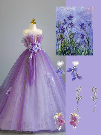 Pretty Ball Gown Strapless Tulle Lilac With Flowers Prom Dresses Long Evening Party Formal Outfits RB6631