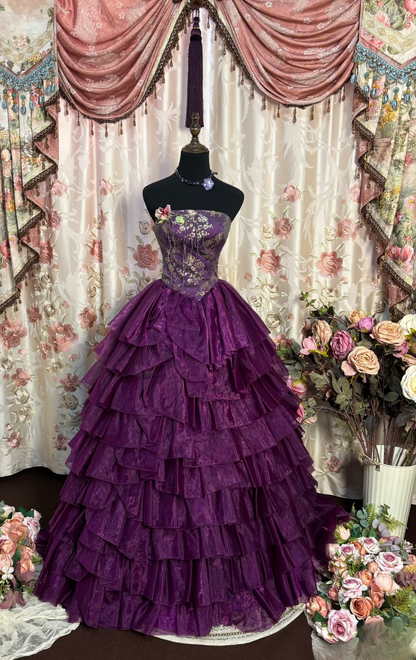 Vintage Ball Gown Strapless Grape Tulle Beaded Long Quinceanera Dress Sweet 15 16 Dresses AU202