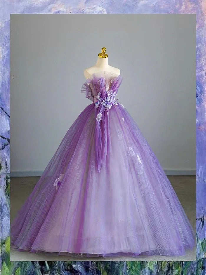 Pretty Ball Gown Strapless Tulle Lilac With Flowers Prom Dresses Long Evening Party Formal Outfits RB6631