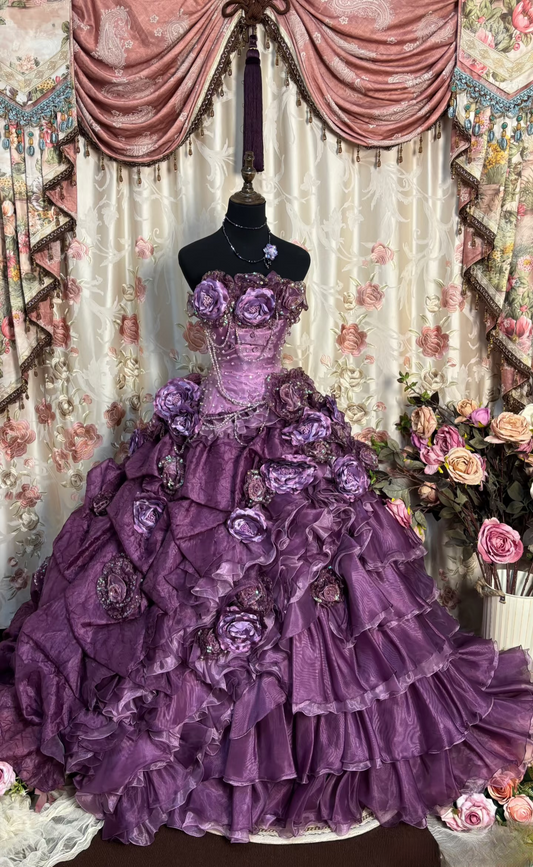 Vintage Ball Gown Strapless Grape Tulle Beaded Long Quinceanera Dress Sweet 15 Gown 16 Birthday Dresses A202