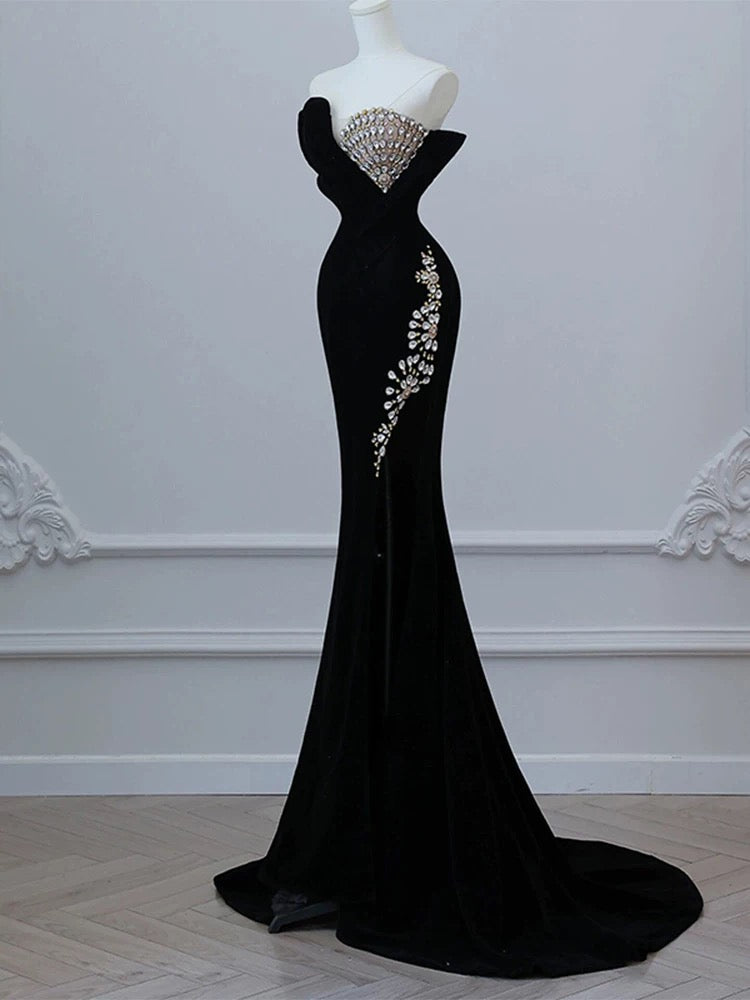 Elegant Mermaid Strapless Sleeveless Black Beads Long Prom Dresses Party Formal Graduation Dress AU203