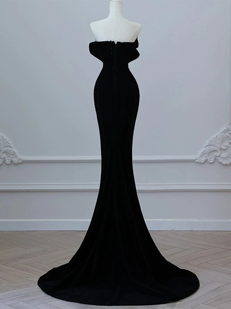 Elegant Mermaid Strapless Sleeveless Black Beads Long Prom Dresses Party Formal Graduation Dress AU203