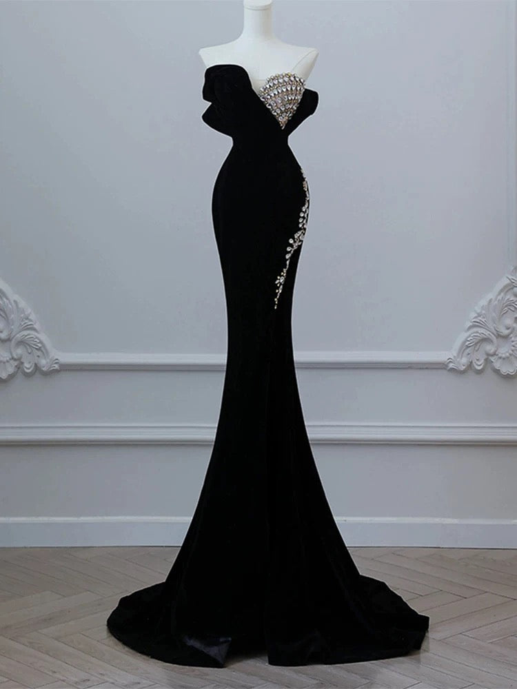Elegant Mermaid Strapless Sleeveless Black Beads Long Prom Dresses Party Formal Graduation Dress AU203