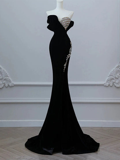 Elegant Mermaid Strapless Sleeveless Black Beads Long Prom Dresses Party Formal Graduation Dress AU203