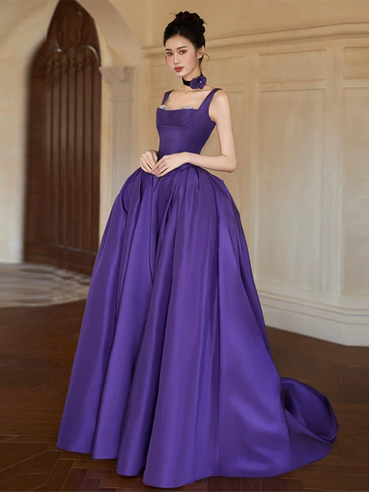 Modest Ball Gown Square Neck Grape Satin Long Prom Dresses Party Dress 18th Birthday Outfits Graduation Dress AU204