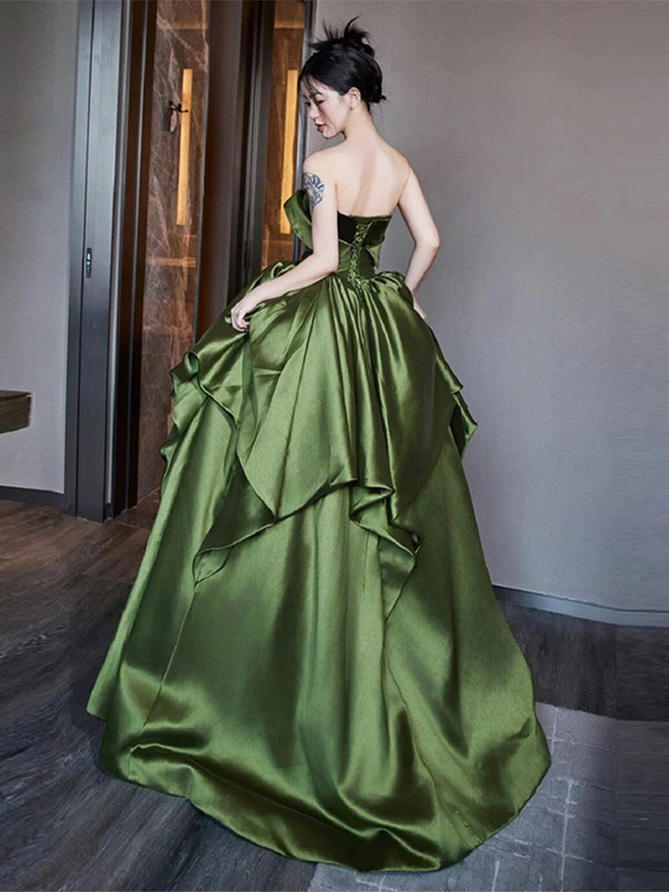 Modest Ball Gown Off The Shoulder Green Satin Long Prom Dresses Party Dress 18th Birthday Outfits Graduation Dress AU206