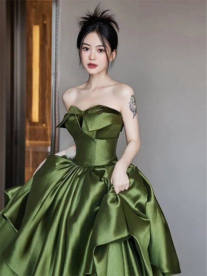 Modest Ball Gown Off The Shoulder Green Satin Long Prom Dresses Party Dress 18th Birthday Outfits Graduation Dress AU206