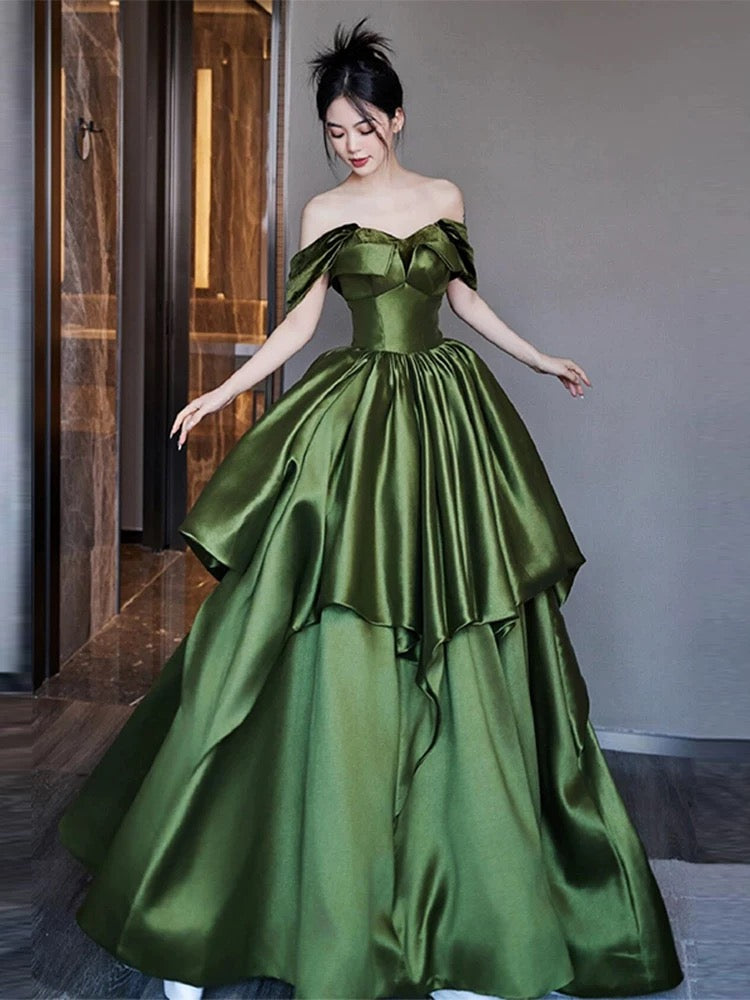 Modest Ball Gown Off The Shoulder Green Satin Long Prom Dresses Party Dress 18th Birthday Outfits Graduation Dress AU206