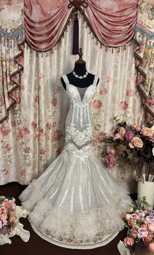 Retro Mermaid Strapless Tulle Lace Feathers 60s White Fitted Corset Wedding Dress Bride Gowns Wedding Dresses AU206