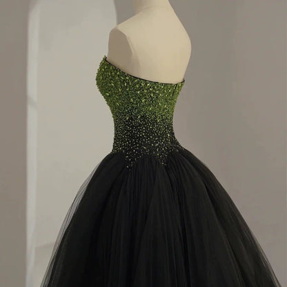 Sexy Ball Gown Sweetheart Black Tulle Green Beads Prom Dress Inspiration Long Party Formal Prom Dresses AU207