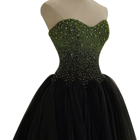 Sexy Ball Gown Sweetheart Black Tulle Green Beads Prom Dress Inspiration Long Party Formal Prom Dresses AU207