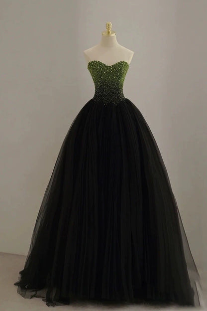 Sexy Ball Gown Sweetheart Black Tulle Green Beads Prom Dress Inspiration Long Party Formal Prom Dresses AU207