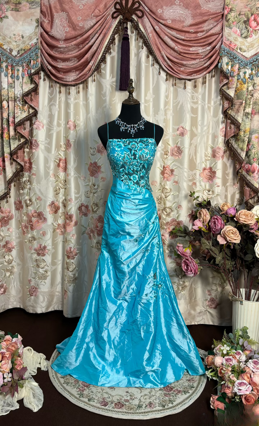 Retro Prom Dresses Mermaid Spaghetti Strap Blue Vintage Fashion Inspiration Taffeta Long Prom Dresses Party Gowns AU207