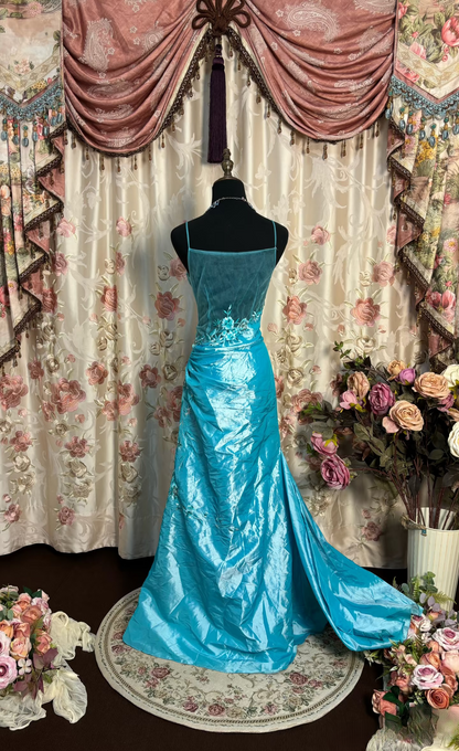 Retro Prom Dresses Mermaid Spaghetti Strap Blue Vintage Fashion Inspiration Taffeta Long Prom Dresses Party Gowns AU207