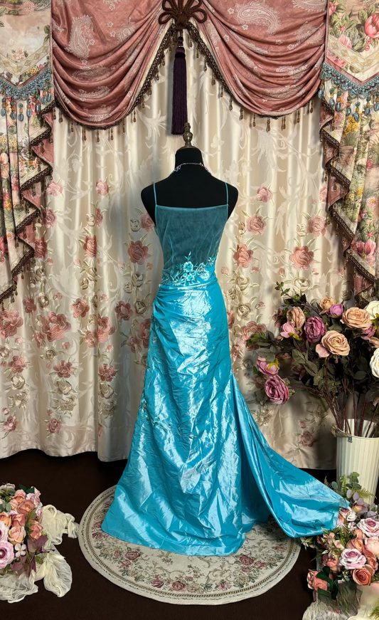 Retro Prom Dresses Mermaid Spaghetti Strap Blue Vintage Fashion Inspiration Taffeta Long Prom Dresses Party Gowns AU207
