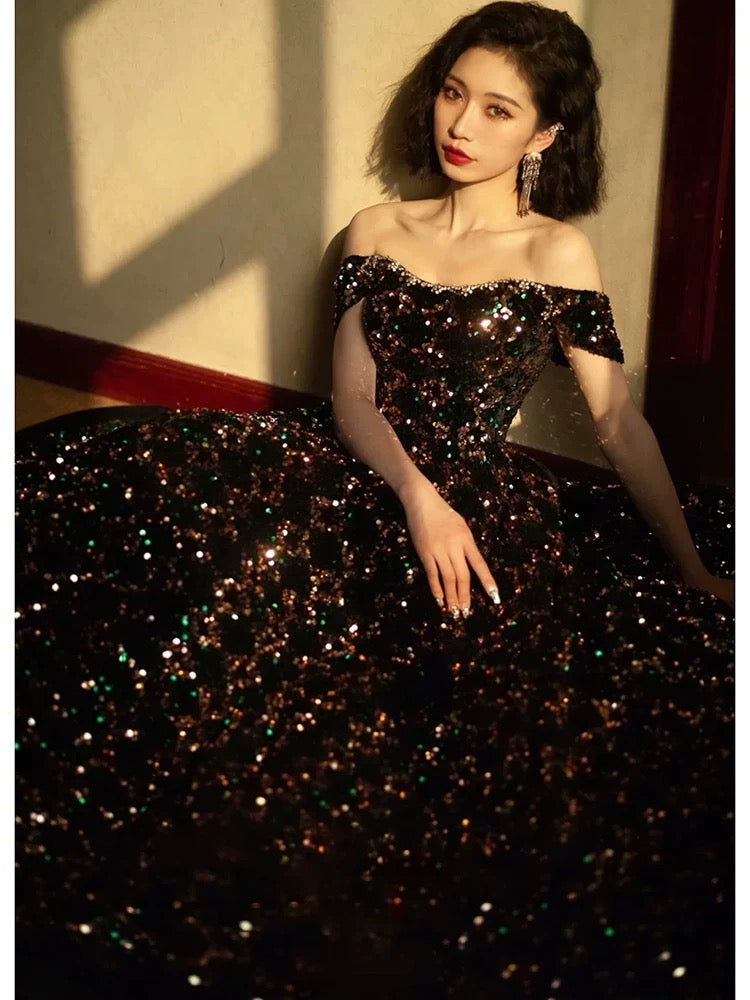 Modest Ball Gown Off The Shoulder Black Sequin Long Prom Dresses Party Dress 20th Birthday Outfits Graduation Dress AU208