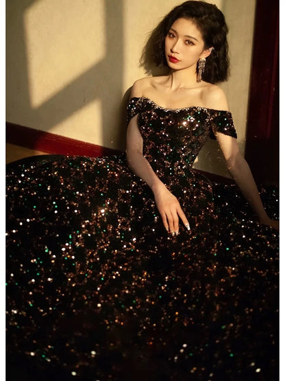 Modest Ball Gown Off The Shoulder Black Sequin Long Prom Dresses Party Dress 20th Birthday Outfits Graduation Dress AU208