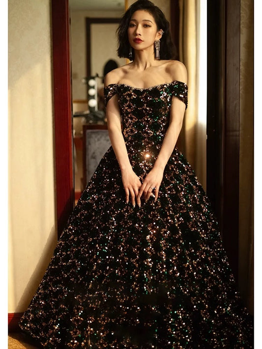 Modest Ball Gown Off The Shoulder Black Sequin Long Prom Dresses Party Dress 20th Birthday Outfits Graduation Dress AU208