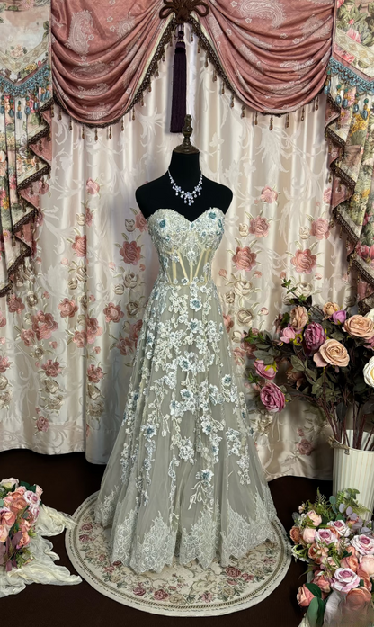 Retro A Line Strapless Gray Tulle With Lace Long Prom Dresses 80s 70s Prom Gowns AU208