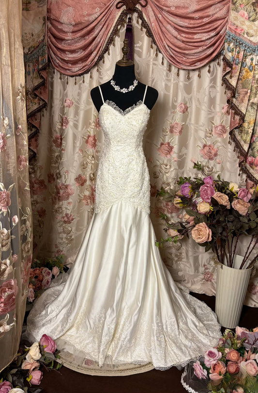Retro Mermaid Spaghetti Strap Lace 60s White Fitted Corset Bride Gowns Wedding Dresses AU210