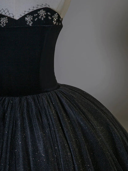 Sexy Ball Gown Sweetheart Black Tulle Silver Beads Prom Dress Inspiration Long Party Formal Prom Dresses AU211