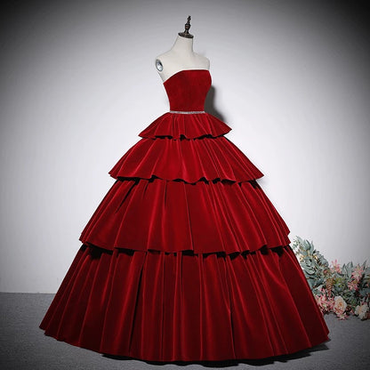 Charming Ball Gown Strapless Red Velvet Prom Dresses Inspiration Prom Dress Princess Graduation Dress AU212