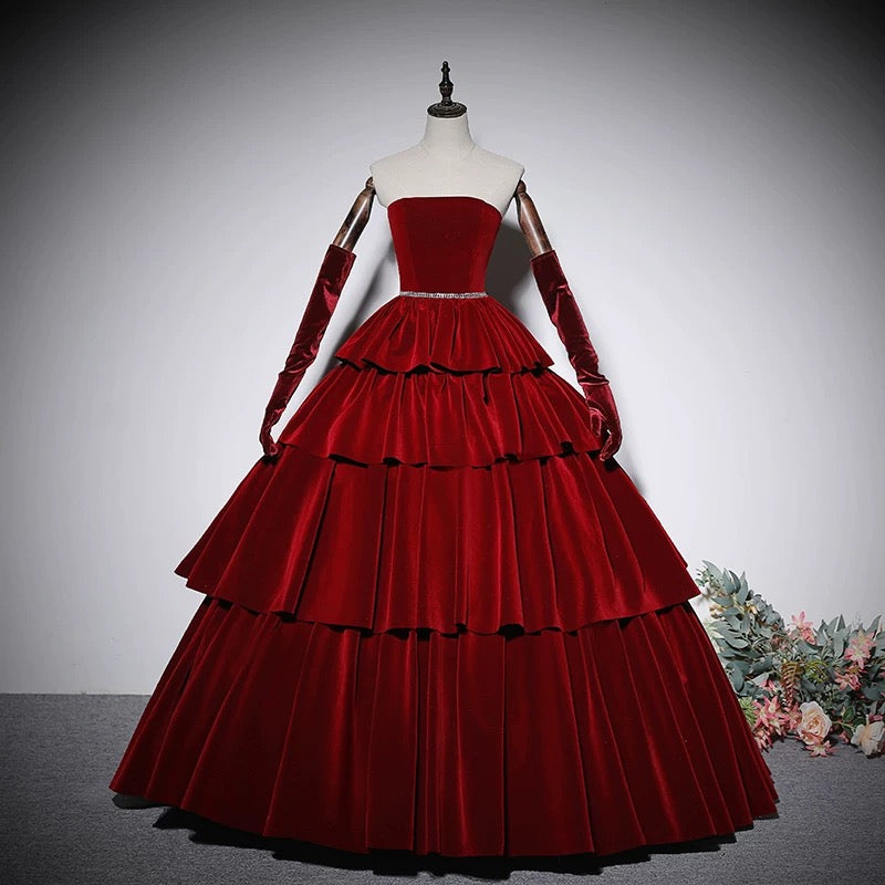 Charming Ball Gown Strapless Red Velvet Prom Dresses Inspiration Prom Dress Princess Graduation Dress AU212
