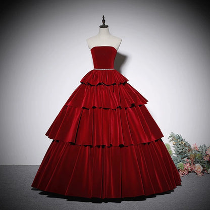 Charming Ball Gown Strapless Red Velvet Prom Dresses Inspiration Prom Dress Princess Graduation Dress AU212